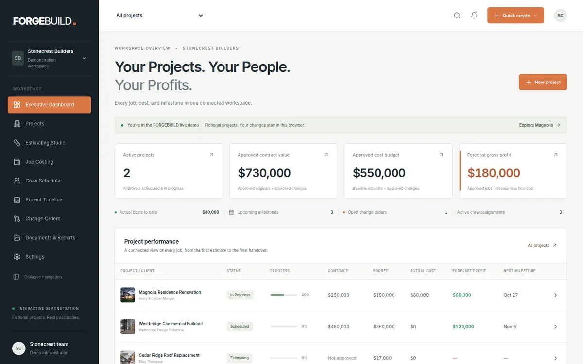 ForgeBuild demo home screen