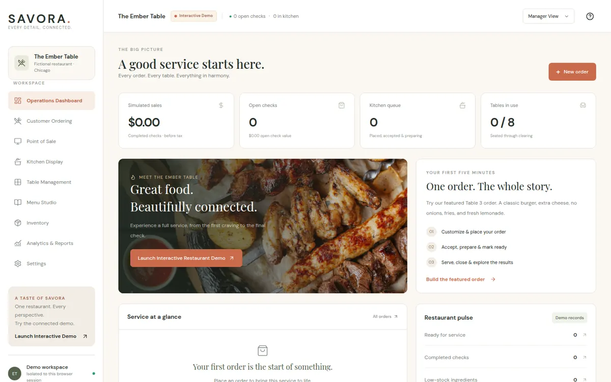 Savora demo home screen